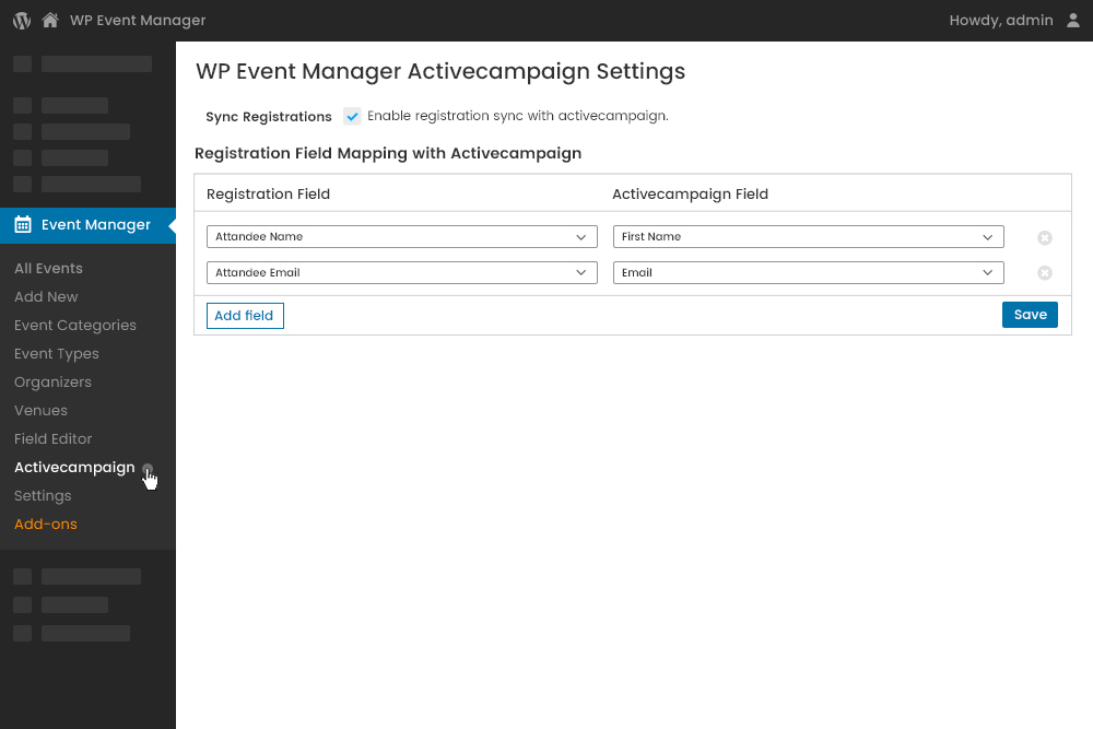 Wpem Active Campaign Backend Field Mapping Of Registration