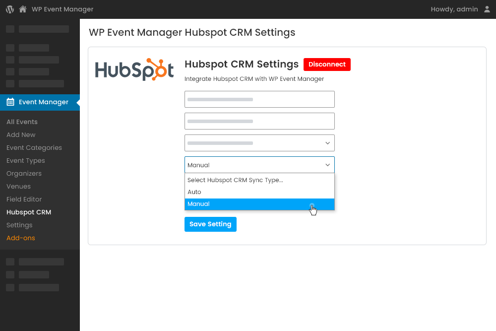 Wp Event Manager Hubspot Crm Manual Syncing At Backend