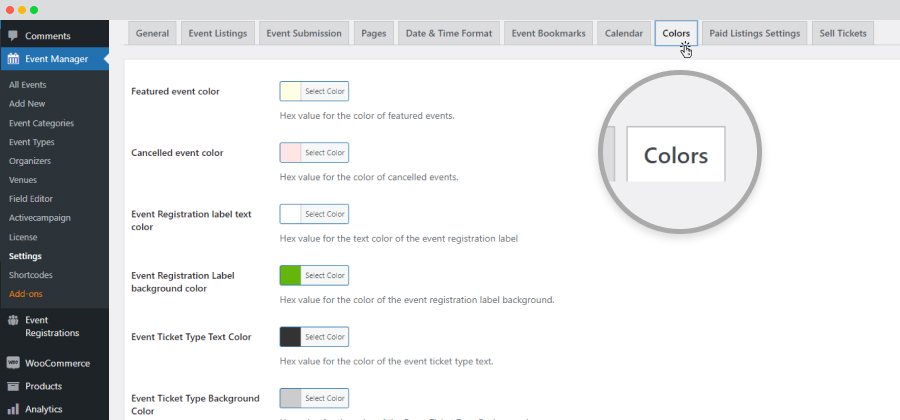 Wp Event Manager Color Settings