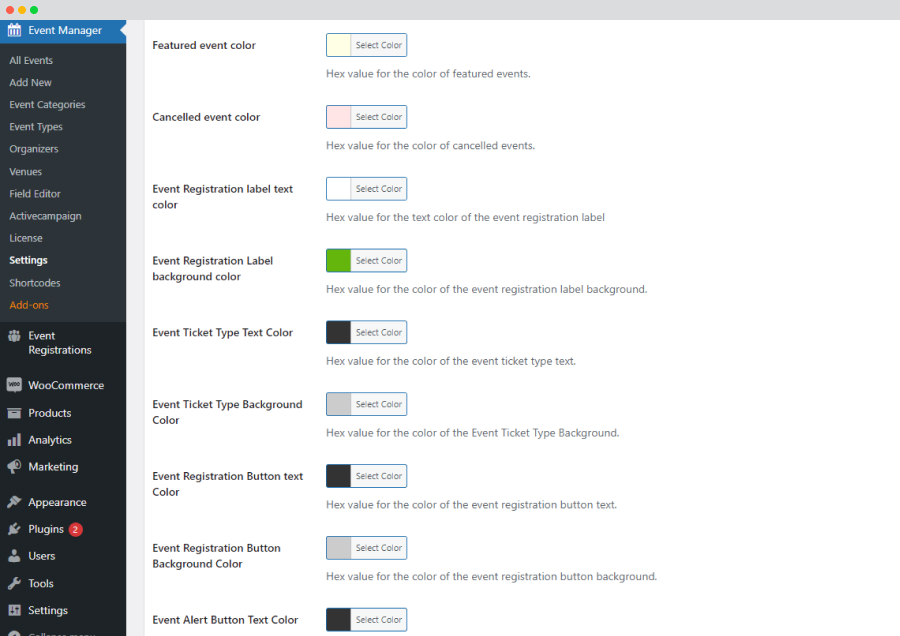 Wp Event Manager Color Settings