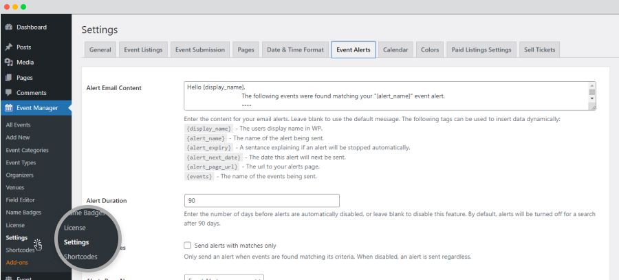 WP Event Manager Event Alerts Settings