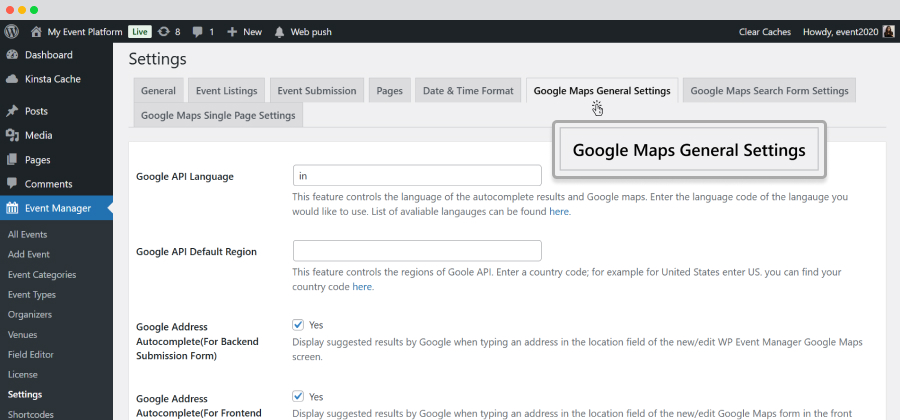 Google Maps General Setting Tab.
