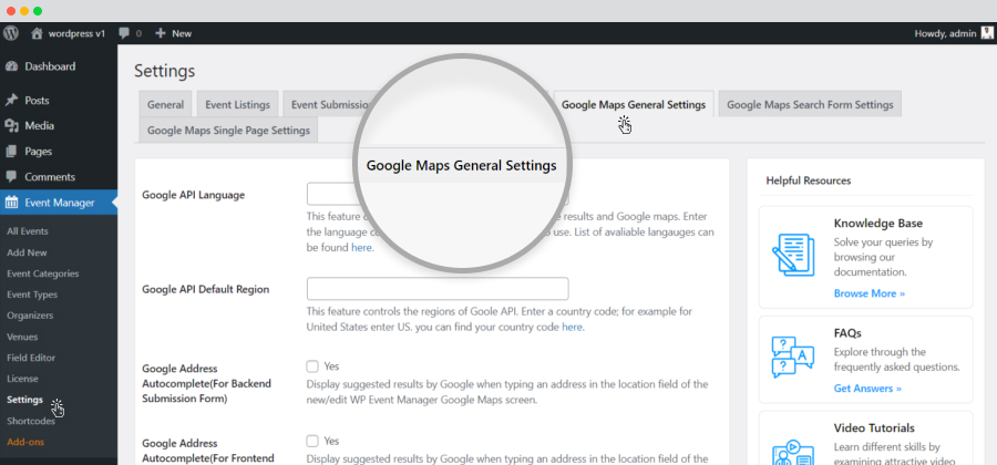 WP event manager google map general settings tab