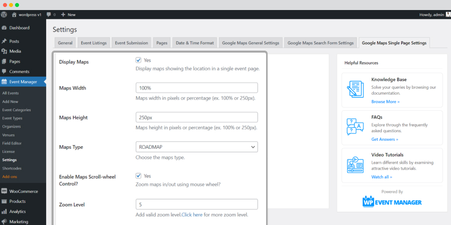 Google Maps Single Page Settings