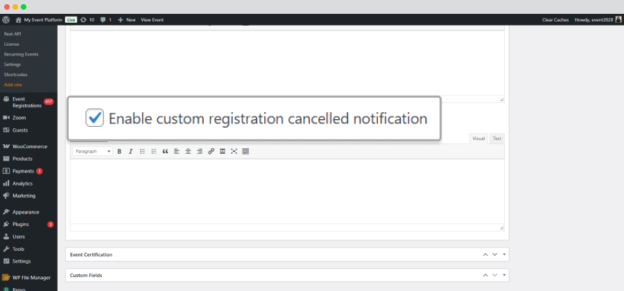 Custom Registration Canceled