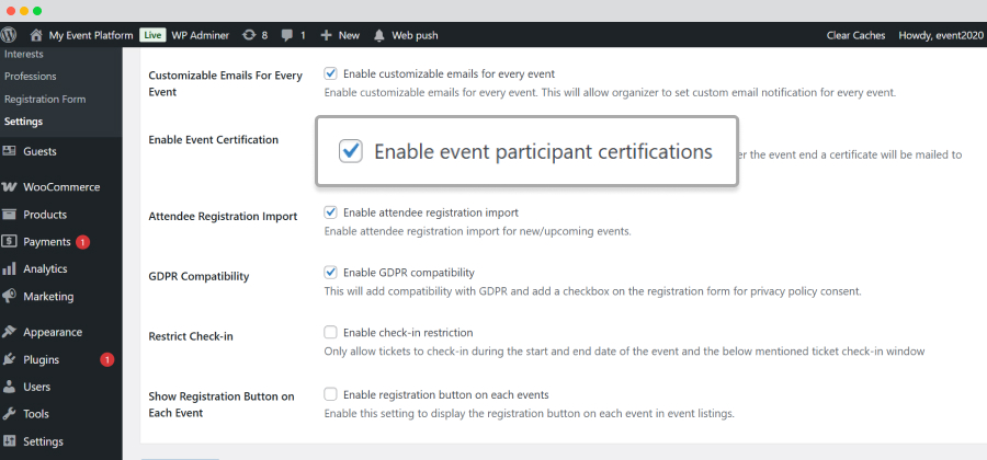 Enable Event Participant Certification