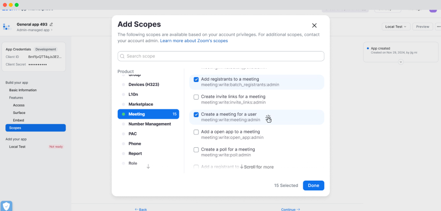 Create A Meeting For A User