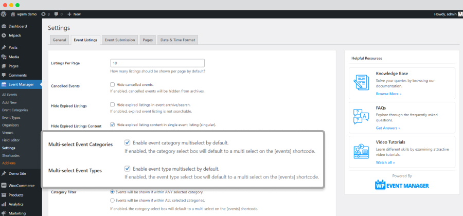 Wp Event Manager Event Multi-Select Event Categories And Types
