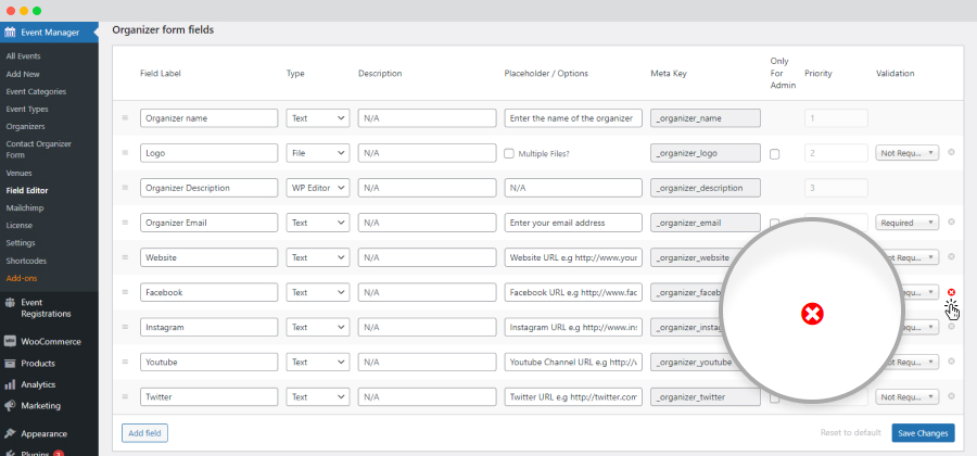 Wp Event Manager Organizer Field Delete