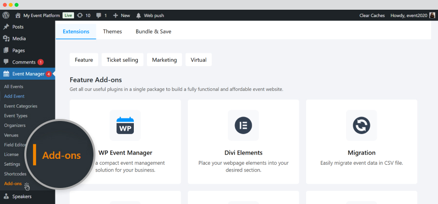 Add-Ons Section Added Extension Menu