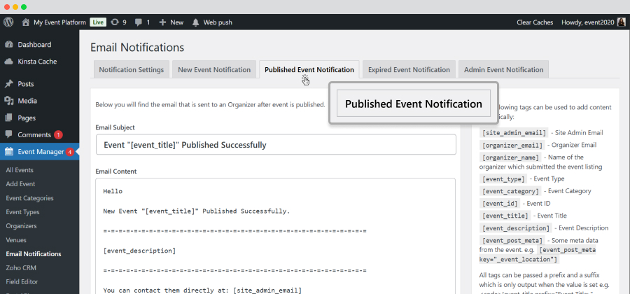 Published Event Notification