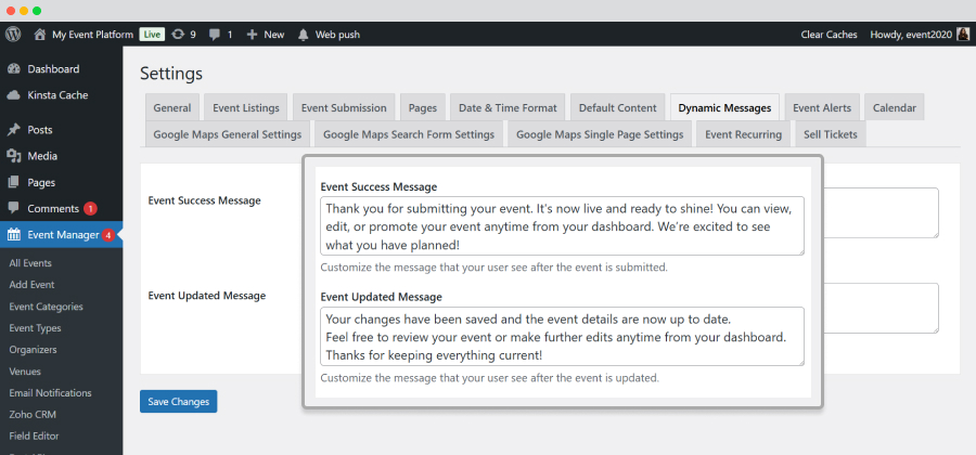Event Success Message