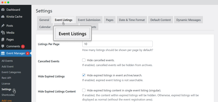 Event Listing Tab
