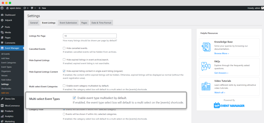 Wp Event Manager Enabling Multi Select Type