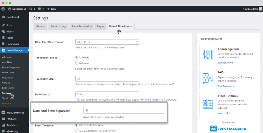 Wp Event Manager Date And Time Separator