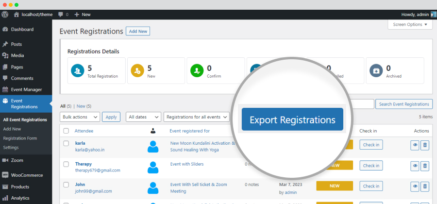 Backend Export Registrations Button