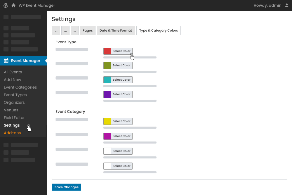 Admin Types Categories Colors Settings