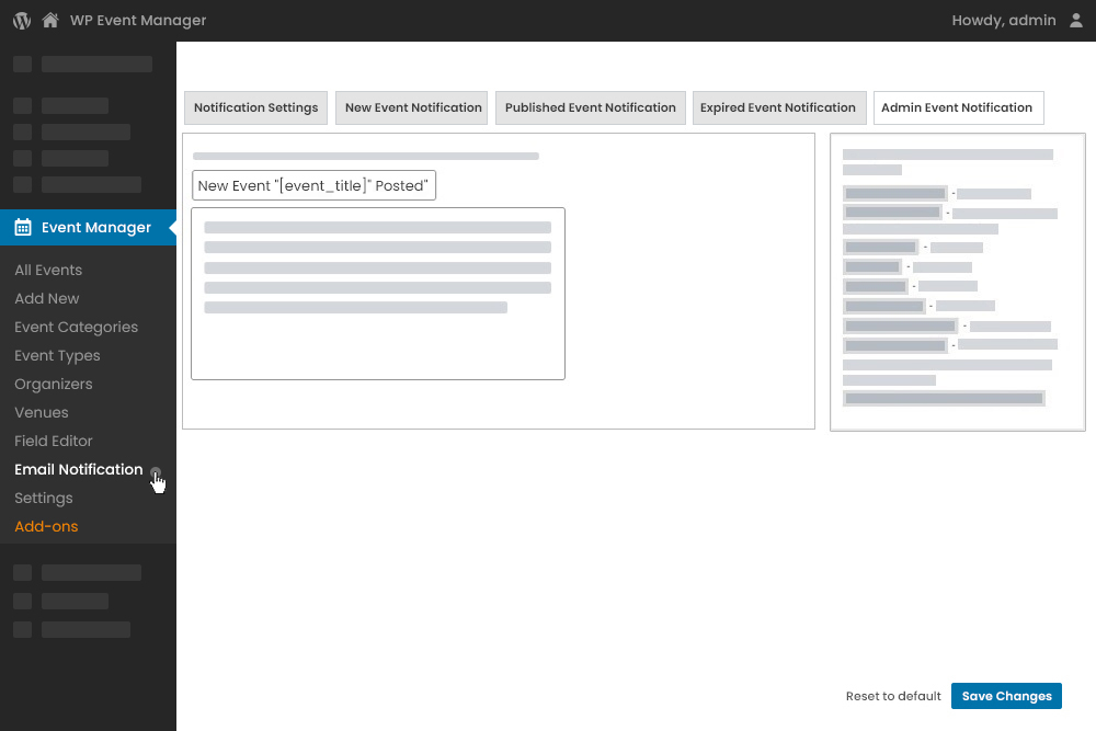Admin Event Notification Settings