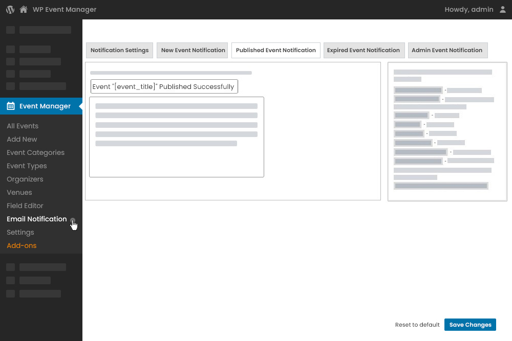 Admin Published Event Notification Settings