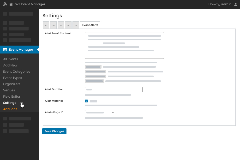 Admin Event Alerts Settings