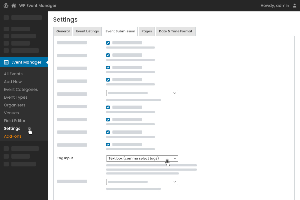 Admin Event Submission Tags Settings