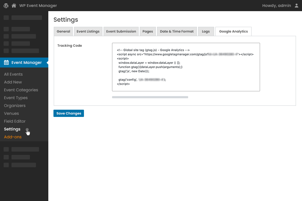 Admin Google Analytics Settings