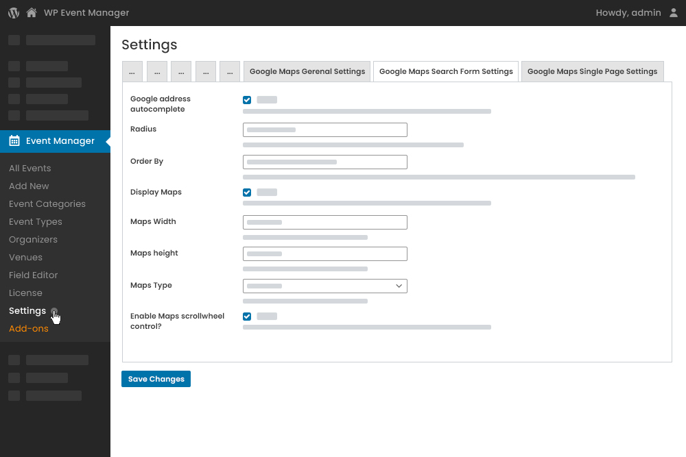 Admin Google Map Search Form Settings