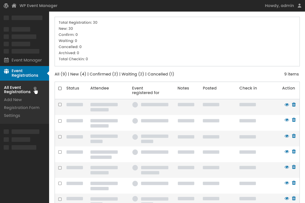 Admin Registration Dashboard With Status