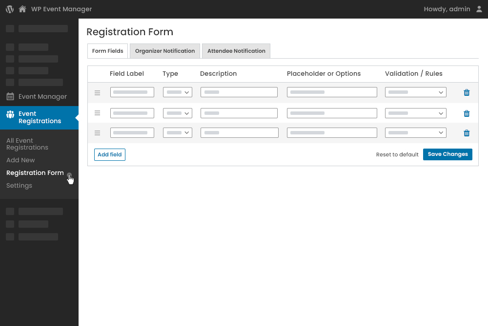 Admin Registration Form Field Editor