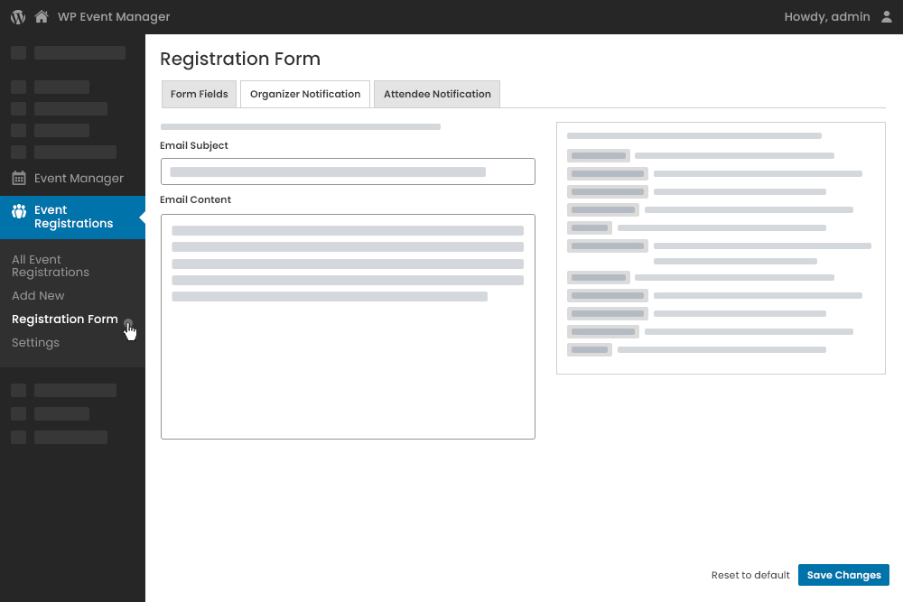 Admin Registration Form Organizer Notification