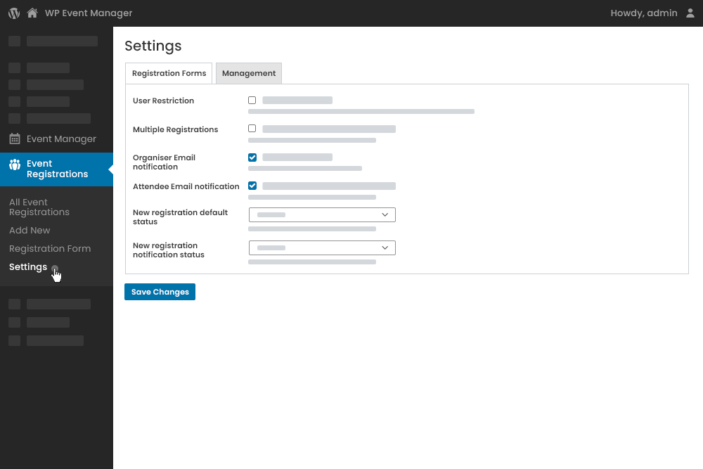 Admin Registration Settings Form