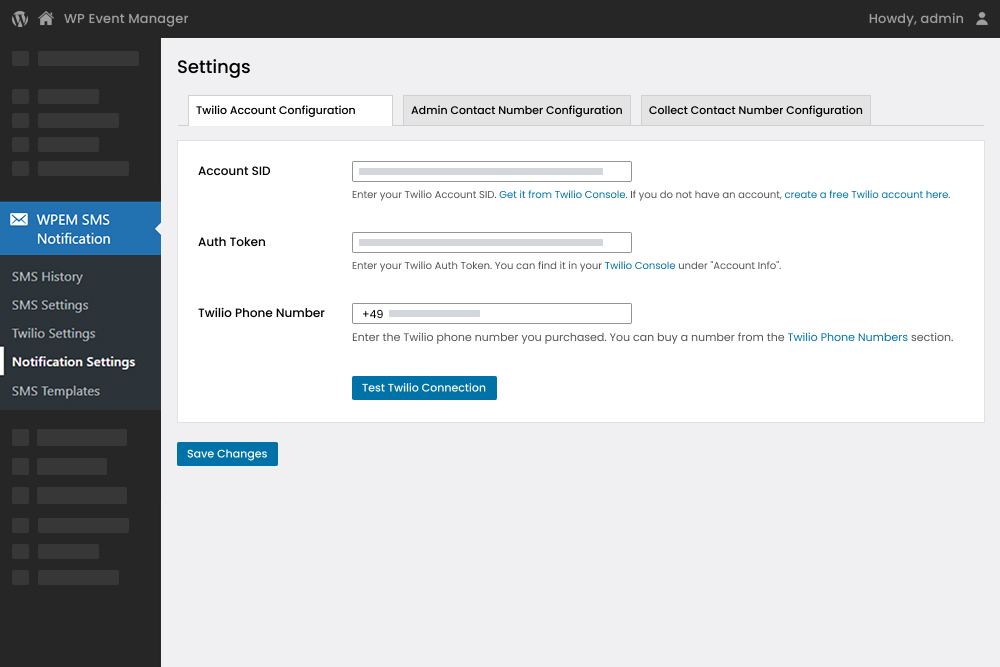 Twilio Settings For Admins