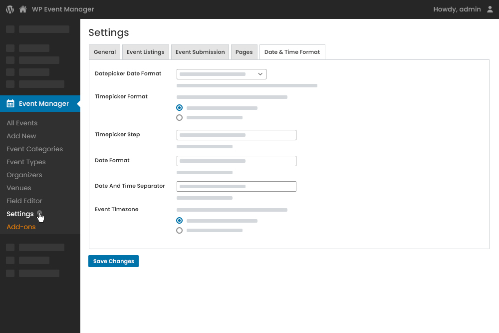 Admin Date Time Format Settings