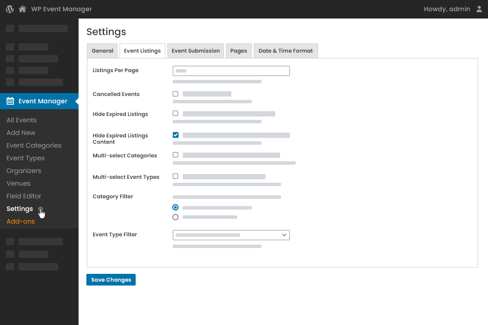 Admin Event Listing Settings