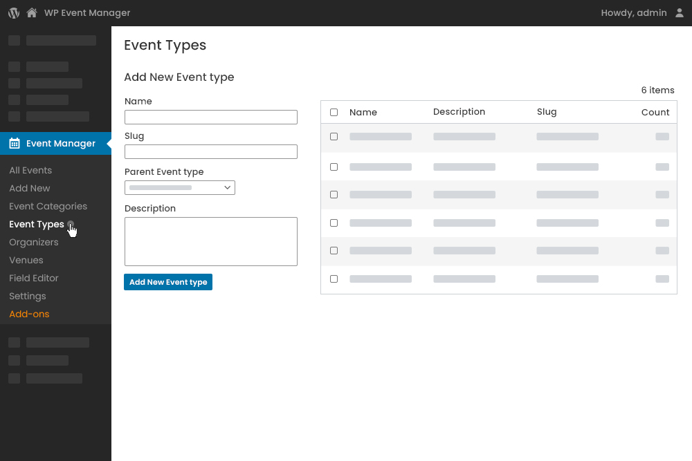 Admin Event Types