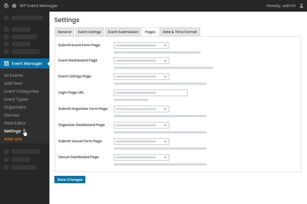 Admin Page Settings