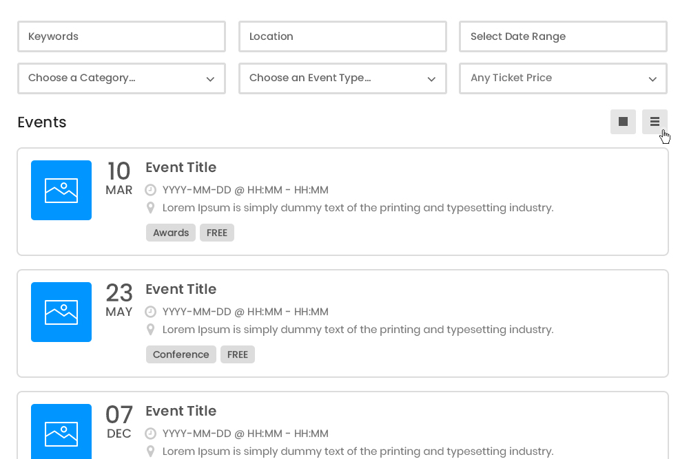 Events Listing View