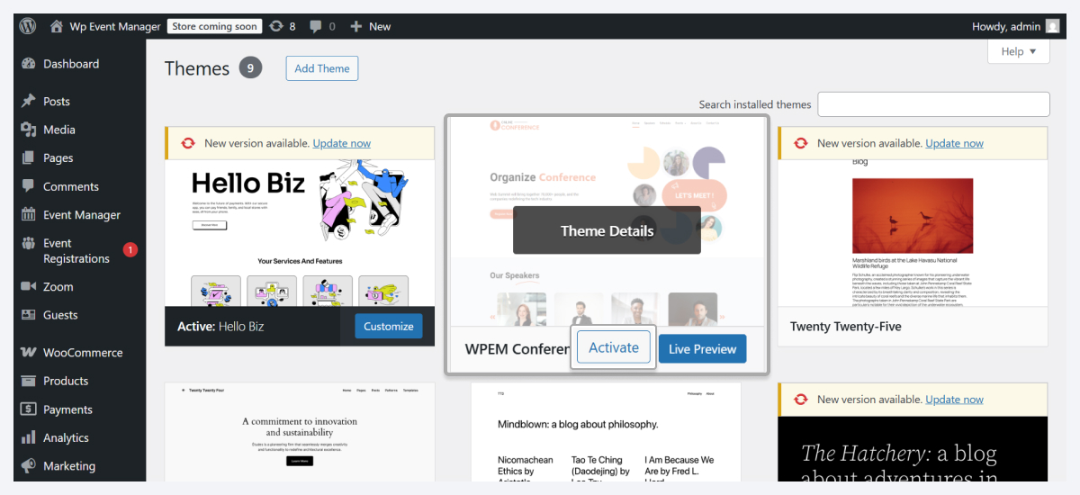 install wordpress event listing theme