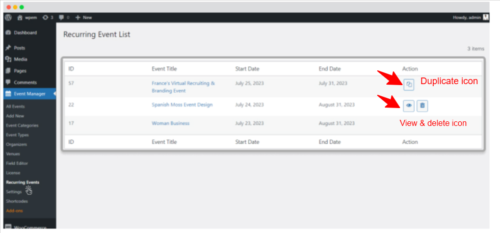 recurring events in wordpress